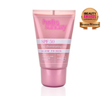 Pink tube of 'hello Sunday' SPF 50 primer with a Beauty Awards London bronze winner badge on a white background