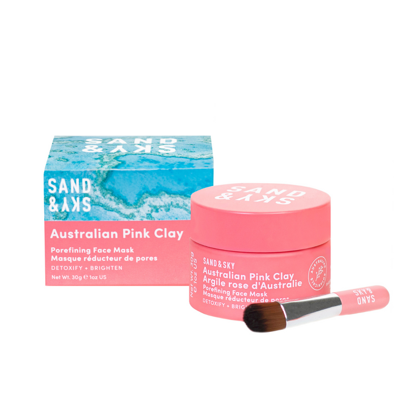 Sand & Sky Australian Pink Clay Porefining Face Mask 30g plus packaging and brush